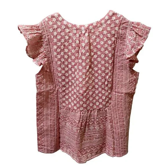 NWT VOY Pink/Mauve Floral Embroidered Ruffle Sleeve Top Boho - Picture 2 of 7